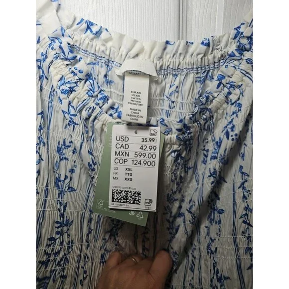H&M Blue White Floral Dress Off The Shoulder Small Smocked Puff Sleeve NWT XXL - Picture 5 of 5